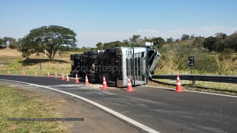 Carreta de frango tomba em acesso da SP-294
