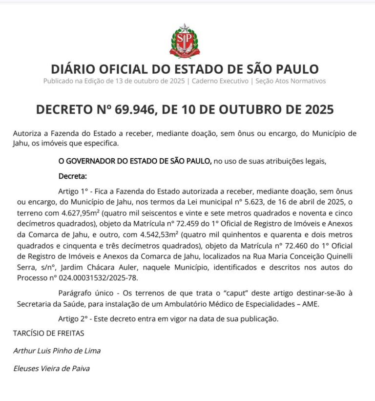 Governo de SP autoriza recebimento de terrenos para construção de novo AME em Jaú