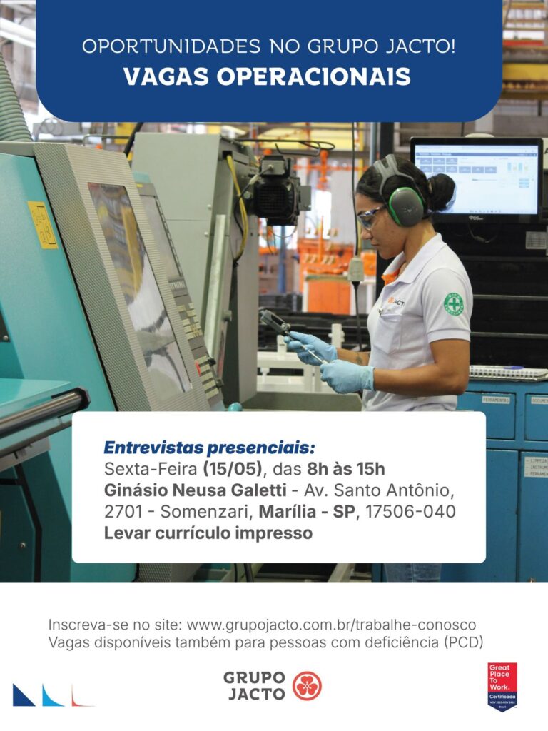 Marília recebe mutirão inédito com 60 vagas de emprego para o Grupo Jacto nesta sexta-feira